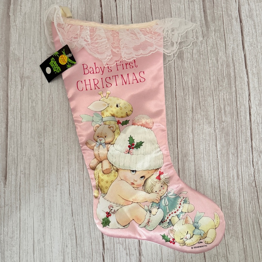 Baby's First Christmas Pink Satin Morehead Christmas Stocking Teddy Doll Vtg